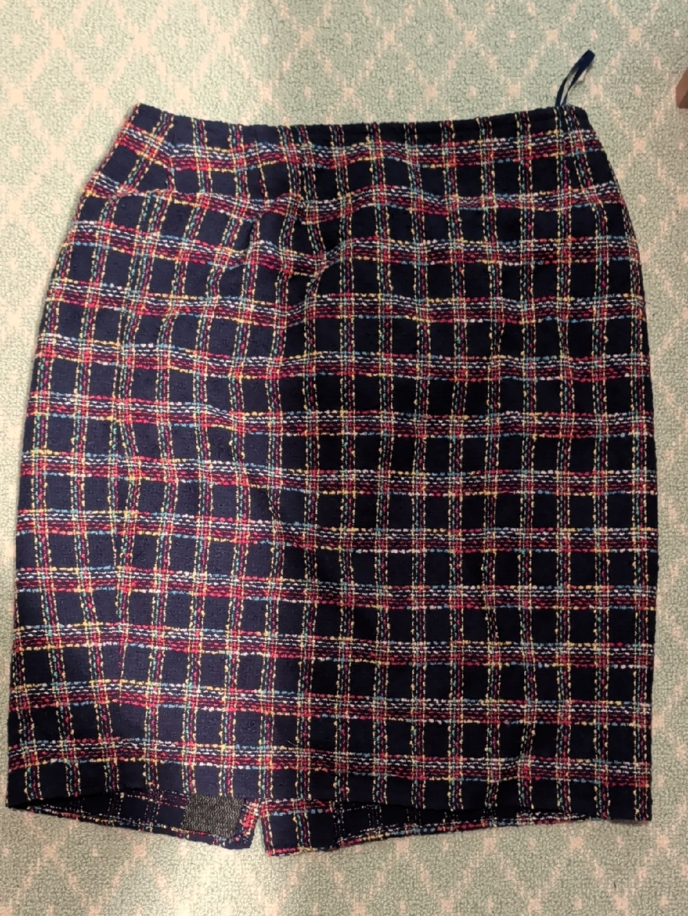 Emanuel Ungaro Tweed Navy Plaid Pencil Skirt with Red & Multicolor Accents